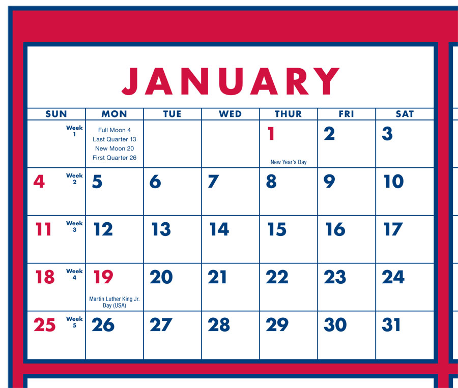 Year In View Wall Calendar w Week Numbers, Single Sheet Size 22x29